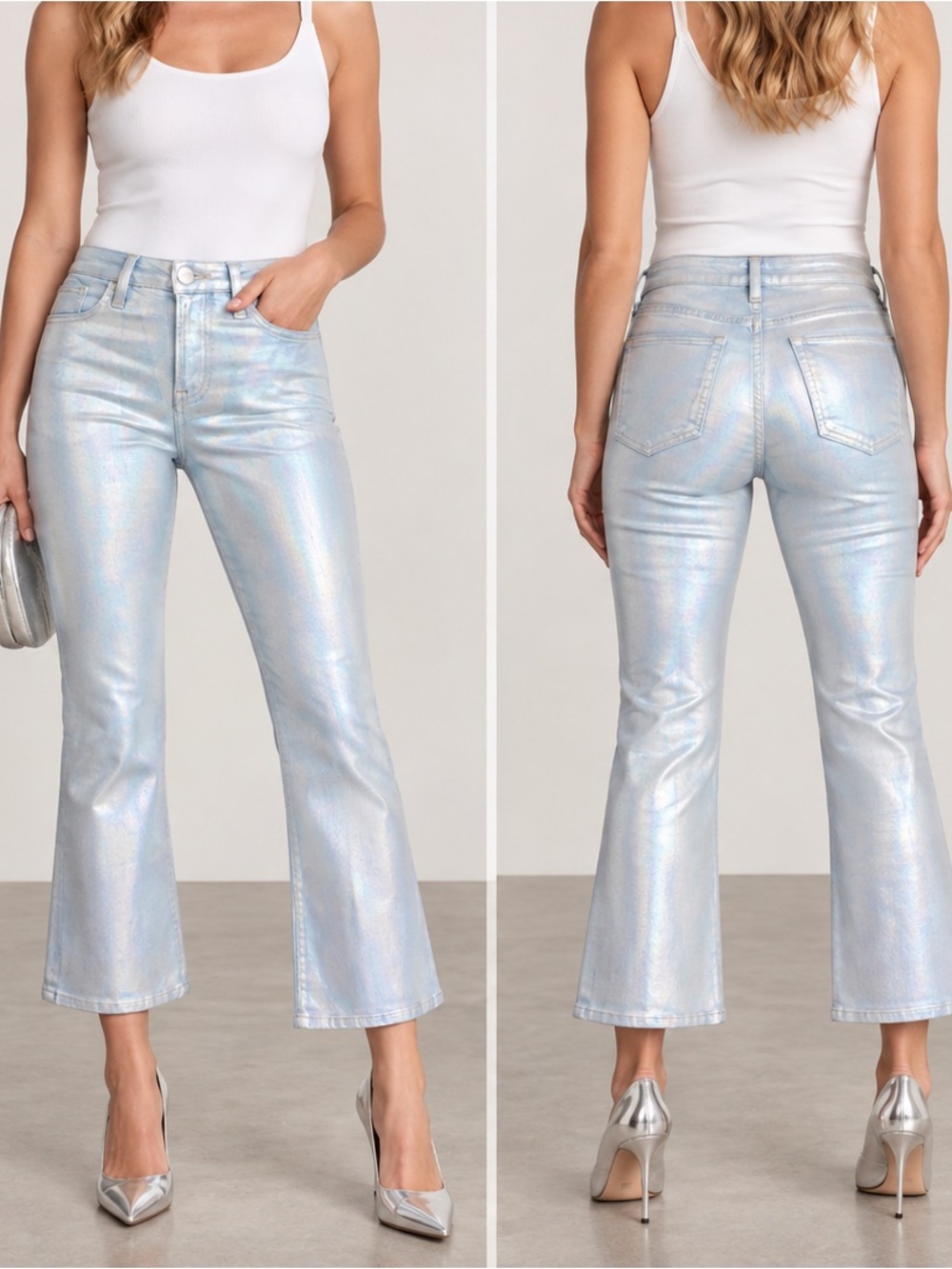 Frame Le Crop Mini Boot Metallic Flare Jeans in Hologram $278
